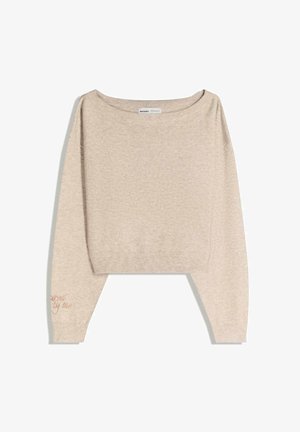 Vaaleanbeige lyhyt neulepaita, joka on valmistettu pehmeästä neulekankaasta. Ominaisuuksiin kuuluu leveä kaula-aukko ja hienovarainen brodeerattu lause hihassa.