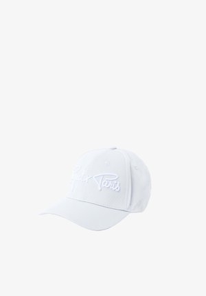 Gorra de béisbol blanca con texto bordado "Saint Paris" en la parte frontal, corona estructurada y visera curvada.