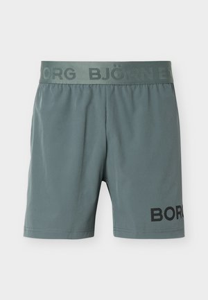 Graugrüne Herren-Shorts mit elastischem Bund, der mit "BJÖRN BORG" gebrandet ist, und schwarzem "BORG"-Schriftzug nahe dem linken Saum.