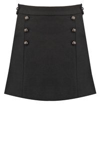 Jupe noire taille A avec six boutons métalliques décoratifs disposés en deux rangées verticales près des côtés avant.