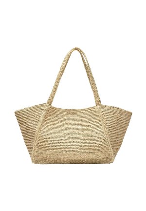 Borsa a mano in paglia intrecciata beige con base larga e manici lunghi, adatta per uso casual o da spiaggia.