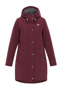 Bordeaux waterproof parka met een trekkoordkap, drukknoopsluiting, twee zijzakken en een zachte grijze voering. Heeft een paraplu-logo op de borst.