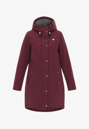 Burgundowa wodoodporna parka z kapturem na sznurki, zatrzaskami, dwoma bocznymi kieszeniami oraz miękką szaro-skalną podszewką. Na piersi ozdobiona logotypem parasola.