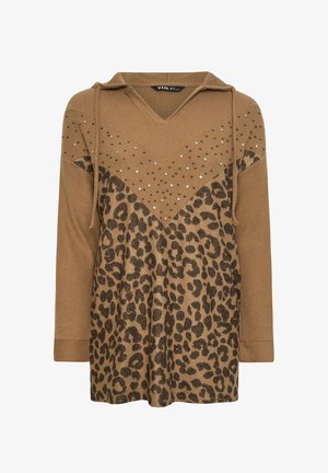 Brauner Strick-Hoodie mit Leopardenmuster, verfügt über einen V-Ausschnitt, Nietenakzente und gerippte Textur. Verstellbare Kordel im Kragen.