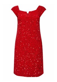 Vestido rojo con lentejuelas, con escote cuadrado y mangas cortas, que presenta una silueta ajustada y una textura suave con acentos reflectantes.