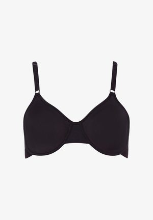Black bra made of smooth fabric, featuring a classic underwire design, adjustable straps, and a seamless finish for comfort.