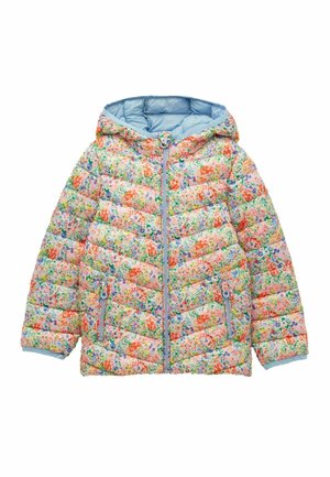 Kinder gewatteerde jas met capuchon, voorzien van een ritssluiting aan de voorkant en ritssluitingen op de zakken, met een kleurrijke bloemenprint en een lichtblauwe binnenvoering.