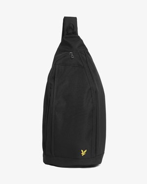 Zwarte rugzak met enkele band, voorvak met rits en een klein geel adelaarlogo nabij de onderkant, op een witte achtergrond.