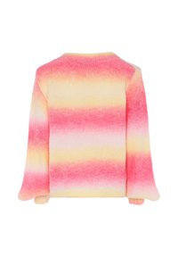 Pulover tricotat cu un model gradient de dungi roz, galbene și albe. Mâneci lungi, decolteu rotund și manșete cu nervuri.
