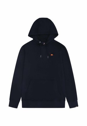 Sudadera con capucha negra, bolsillo frontal, capucha con cordones y pequeño logo bordado en naranja y rojo en el pecho y en el puño de la manga.