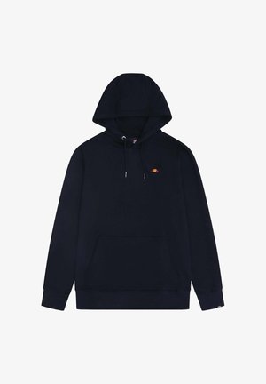 Sudadera con capucha negra, bolsillo frontal, capucha con cordones y pequeño logo bordado en naranja y rojo en el pecho y en el puño de la manga.