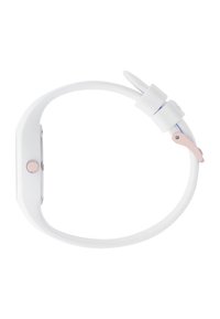 Smartwatch z białym silikonowym paskiem, prostokątną tarczą, różowym przyciskiem akcentującym, gładką teksturą i czystym, minimalistycznym designem.
