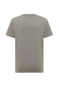 Sivá tričko s krátkym rukávom vyrobené z mäkkej bavlny. Klasický okrúhly výstrih, hladký zadný diel bez viditeľných log alebo vzorov.