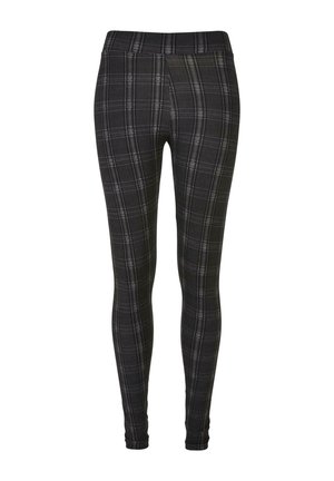 Fekete és szürke kockás leggings elasztikus derékkal, sima anyagból, karcsú szabással és az egész felületén kockás mintázattal.