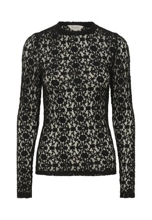 Top lungo in pizzo nero con intricate fantasie floreali, colletto alto e tessuto testurizzato. Presenta una silhouette aderente e un orlo scallop.