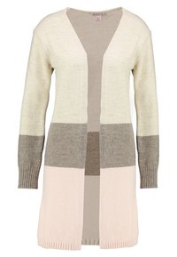 Stickad cardigan med V-ringning, långa ärmar och en färgblockeringsdesign i kräm, ljusbrun, beige och mjuk rosa. Ribbad nederkant och ärmslut.