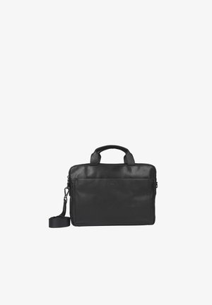 Schwarze Ledertasche für Laptops mit zwei oberen Griffen, einem abnehmbaren Schultergurt und einer Fronttasche. Glatte Textur und einfaches rechteckiges Design.