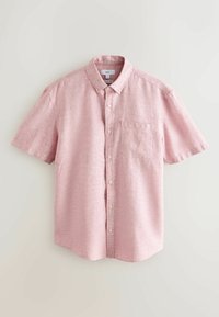 Chemise rose à manches courtes avec boutons, poche poitrine et col boutonné, confectionnée en tissu mélange lin.