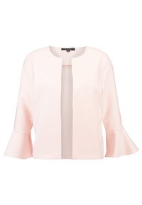 Jasnoróżowa kurtka o fasonie z rozszerzanymi rękawami do trzech czwartych. Wykonana z gładkiego materiału, z otwartym przodem i bez zapięć.