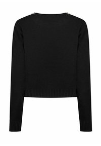 Maglione lungo a maniche nere con polsini e orlo a coste, caratterizzato da piccole decorazioni argentate sulle spalle.