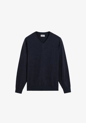 Maglione blu navy a scollo a v realizzato in un morbido tessuto lavorato a maglia. Presenta maniche lunghe con polsini a coste e un orlo a coste. Design semplice e classico.