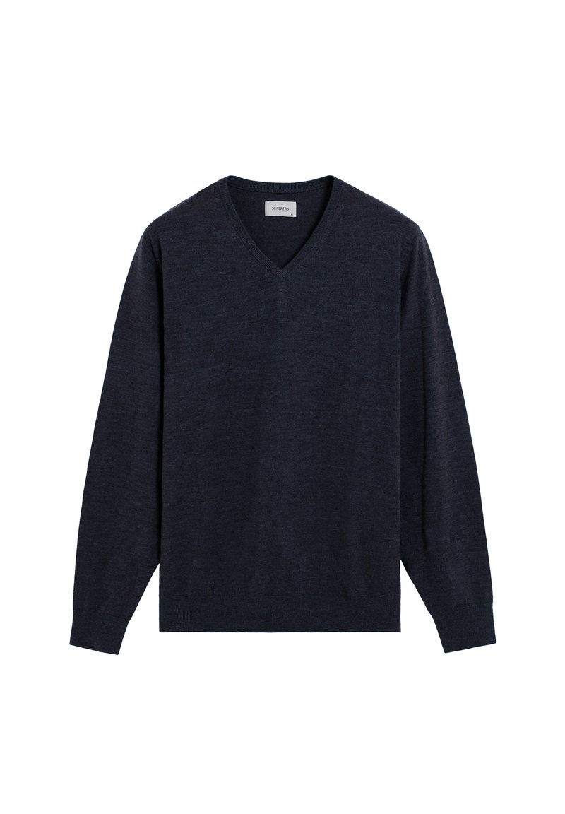 Pulover bleu marin cu guler în V, realizat dintr-un material moale din tricot. Dispune de mâneci lungi cu manșete rezemate și o margine ribbată. Design simplu și clasic.