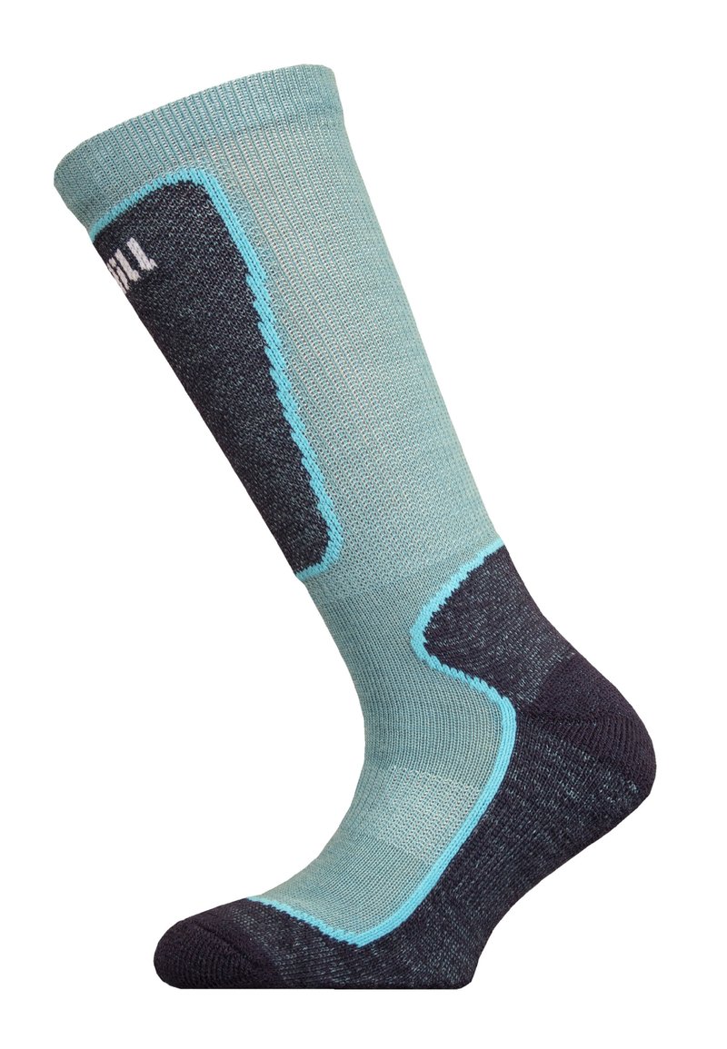 Over-the-calf sock in light blue and dark gray, featuring a patterned texture, reinforced heel and toe, with contrasting turquoise accents.
