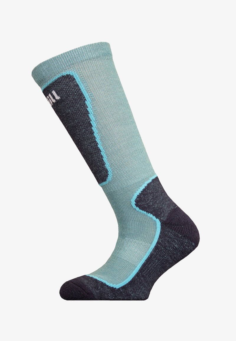 Over-the-calf sock in light blue and dark gray, featuring a patterned texture, reinforced heel and toe, with contrasting turquoise accents.