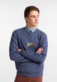 Blaues Sweatshirt aus weichem Material mit einem gestickten Dackeldesign in Farbverlauf, zentral auf der Vorderseite platziert. Lange Ärmel und gerippte Abschlüsse.