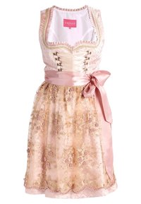 Robe traditionnelle dirndl rose et or avec corsage à lacets, broderie florale, détails en perle et grand nœud en satin à la taille.