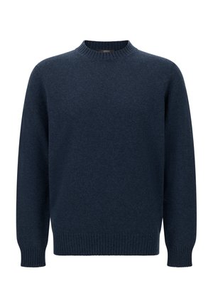 Navy blue knit sweater with a round neck, long sleeves, and ribbed cuffs and hem, made from a soft, textured fabric.