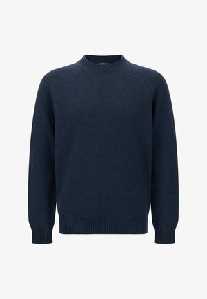 Navy blue knit sweater with a round neck, long sleeves, and ribbed cuffs and hem, made from a soft, textured fabric.