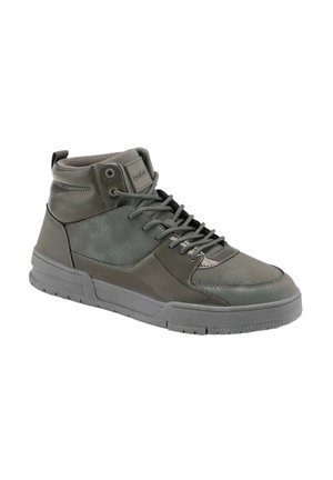 Zapatillas de alta en material sintético verde oscuro, con parte superior texturizada, puntera redonda, cordones y un cuello acolchado. Suela de goma gruesa.