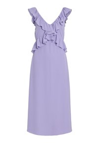 Robe midi violette avec des accents à volants sur le corsage et l'épaule. Tissu lisse, encolure en V, taille cintrée, tombant gracieusement jusqu'à l'ourlet.