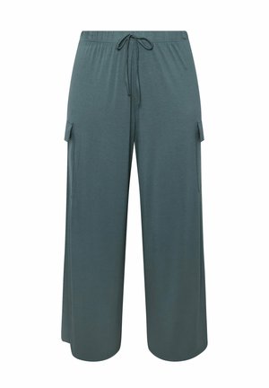 Teal wide-leg pants made of soft fabric. Features a drawstring waistband and two cargo pockets on the sides. Smooth texture.
