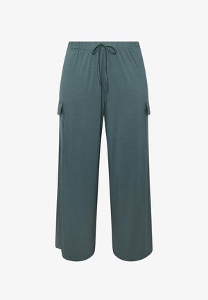 Teal wijde broek van zachte stof. Voorzien van een trekkoord in de taille en twee cargozakken aan de zijkanten. Gladde textuur.