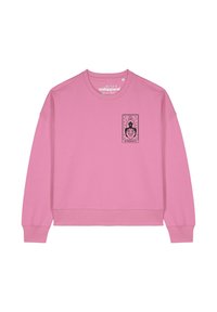 Roze sweatshirt met een ronde halslijn en lange mouwen. Bevat een zwart grafisch ontwerp met een leeuw en het woord "STERKTE."