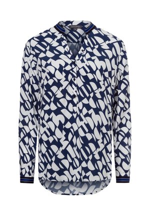 Marineblaue Bluse mit einem abstrakten weißen Muster, ausgestattet mit einer durchgehenden Knopfleiste, langen Ärmeln und einem abgerundeten Saum mit gestreiften Manschettenakzenten.