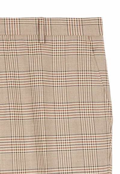 Pantalons beige à motifs avec un design à carreaux classique, ornés d'accents bruns et rouges, fabriqués dans un tissu doux au toucher lisse.