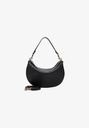 Bolso de cuero negro en forma de media luna con dos correas desmontables y cierres metálicos dorados sobre un fondo blanco.