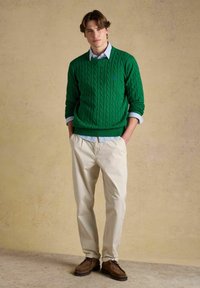 Jeune homme portant un pull vert en maille torsadée, une chemise rayée, un pantalon beige et des chaussures marron, debout les mains dans les poches devant un fond uni.