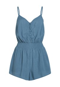 Blue, sleeveless romper with a v-neck, button detailing down the front, elastic waistband, and textured fabric. Shorts feature a relaxed fit.