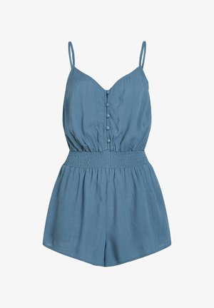 Modra, brezrokavna kombinzona z V-izrezom, gumbnimi detajli spredaj, elastičnim pasom in teksturirano tkanino. Hlačke imajo udobno prileganje.