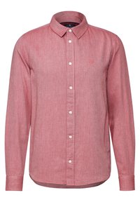 Camicia a maniche lunghe di un leggero colore rosso, realizzata in tessuto texturizzato, con colletto a bottoni e piccolo logo sul petto.