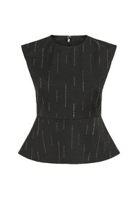 Czarny top peplum z krótkimi rękawami, metalicznymi detalami w pionowe linie oraz zamek błyskawiczny z tyłu. Miękka faktura materiału.