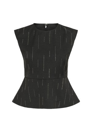 Schwarzes Peplum-Top mit kurzen Ärmeln, metallischen Details mit vertikalen Linien und einem Reißverschluss auf der Rückseite. Weicher Stoff.