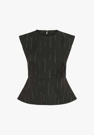 Zwarte peplum top met kapmouwen, metalen details met verticale lijnen en een ritssluiting aan de achterkant. Zachte stoftextuur.
