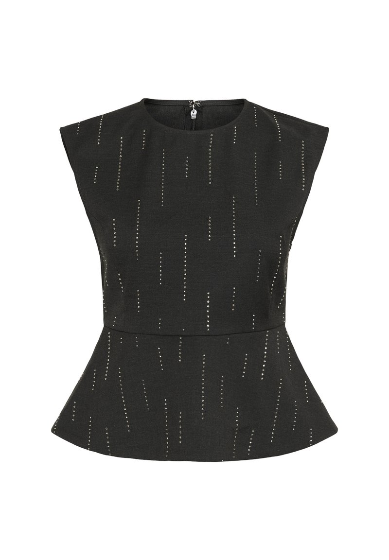 Top peplum negro con mangas cortas, detalles metálicos con líneas verticales y cierre de cremallera en la parte posterior. Textura de tela suave.