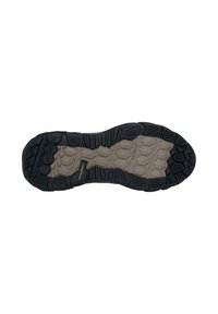Suela de zapato de goma negra y gris con un patrón de agarre texturizado y lugs hexagonales para tracción, con bordes reforzados para mayor durabilidad.