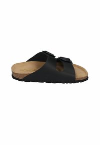 Black slide sandal featuring two adjustable straps, cork footbed, and rubber sole. Smooth texture with sturdy hardware accents.